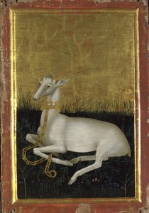 Fehér szarvas láncra fűzve koronával a nyakában A Wilton Diptichon külső panelje, 1395 és 1399 között alkotó: Wilton Master