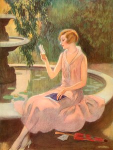 Fiatal nő szerelmes levelet olvas egy szökőkútnál, 1925 körül (szitanyomat) alkotó: Wilton Williams