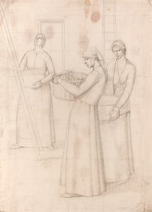 Tanulmány a „Dizájn faldíszítéshez” témakörhöz – Három nő almás kosárral, 1918 körül (ceruza papíron) alkotó: Winifred Knights