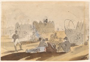 Pihenő lakókocsi fedett kocsikkal [recto] alkotó: Winslow Homer