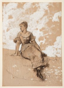 Rajz, Ülő lány; tanulmány "A kerti falhoz", 1878 alkotó: Winslow Homer