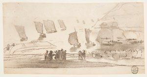 Rajz, Tengerparti jelenet emberekkel és halászhajókkal, Cullercoats, Anglia, 1881-82 alkotó: Winslow Homer