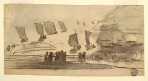 Rajz, Tengerparti jelenet emberekkel és halászhajókkal, Cullercoats, Anglia, 1881-82 alkotó: Winslow Homer