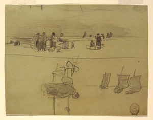 Rajz, Tengerparti jelenet kosaras nőkkel, Cullercoats, Anglia, 1881-82 alkotó: Winslow Homer