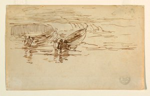 Rajz, két dory vízre bocsátása, Anglia, 1881 alkotó: Winslow Homer