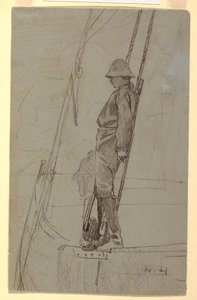 Rajz, Fiatal férfi a vitorlás kötelékének támaszkodva, valószínűleg 1861-62 alkotó: Winslow Homer