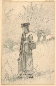 Rajz, Fiatal nő sétál a mezőn, 1879 alkotó: Winslow Homer
