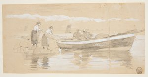 Halász és nők hálókat raknak egy tengerparton fekvő doryban, Cullercoats, Anglia alkotó: Winslow Homer