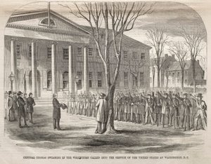 Thomas tábornok eskütétele az Egyesült Államok szolgálatára behívott önkéntesekre Washingtonban. alkotó: Winslow Homer