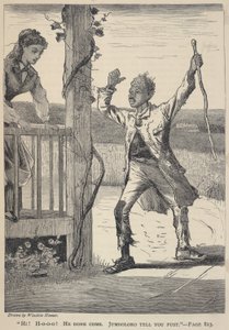 "Szia! H-o-o-o-o! He Done Come. Jumboloro Tell You Fust.", a The Galaxy 1869. júniusi számából. alkotó: Winslow Homer