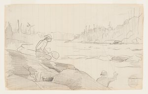 Férfi horgászbottal és hálóval alkotó: Winslow Homer
