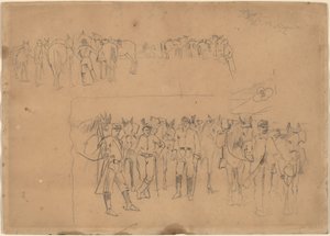 Tisztek és lovak nyugalomban, 1864. alkotó: Winslow Homer