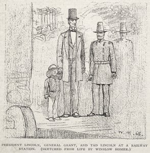 Lincoln elnök, Grant tábornok és Tad Lincoln egy vasútállomáson alkotó: Winslow Homer
