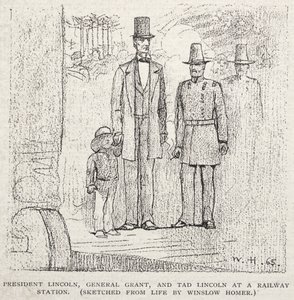 Lincoln elnök, Grant tábornok és Tad Lincoln egy pályaudvaron, 1887. alkotó: Winslow Homer