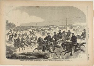 Az Unió lovassága és tüzérsége megkezdi a lázadók üldözését a Yorktown Turnpike-on. alkotó: Winslow Homer
