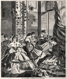 A háború – Havelock-sisakok készítése az önkéntesek számára alkotó: Winslow Homer