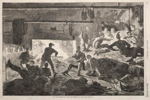 Téli negyed a táborban – Egy kunyhó belseje, 1863. alkotó: Winslow Homer