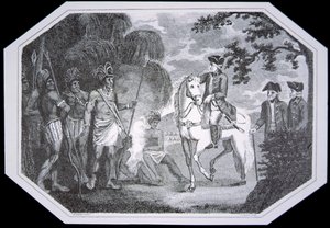 Burgoyne tábornok és az indiánok 1777-ben, J. Taylor metszete, David Hume és Tobias Smollett "The History of England" című művéből, Londonban jelent meg. alkotó: Woodruff (after)