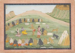 Hanuman gyógynövényekkel újjáéleszti Rámát és Laksmanát..., Ramayana sorozat, kb. 1790. alkotó: Workshop active in the First generation