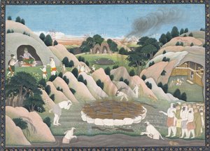 Vali majomkirály temetési pásztora: Illusztrált fólió egy szétszórt Ramayana sorozatból, kb. 1780. alkotó: Workshop active in the First generation