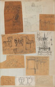 Oldal egy Scrapbookból, amely rajzokat és számos építészeti nyomatot tartalmaz, Int..., kb. 1800-1850. Alkotók: Charles Percier műhelye, Pierre François Léonard Fontaine műhelye.