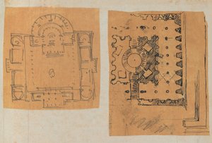 Oldal egy Scrapbookból, amely rajzokat és számos építészeti nyomatot tartalmaz, Int..., kb. 1800-1850. Alkotók: Charles Percier műhelye, Pierre François Léonard Fontaine műhelye. alkotó: Workshop of Charles Percier, Workshop of Pierre
