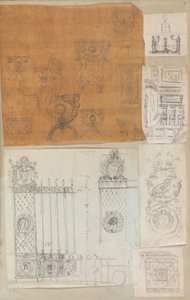 Oldal egy Scrapbookból, amely rajzokat és számos építészeti nyomatot tartalmaz, Int..., kb. 1800-1850. Alkotók: Charles Percier műhelye, Pierre François Léonard Fontaine műhelye.