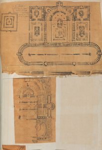 Oldal egy Scrapbookból, amely rajzokat és számos építészeti nyomatot tartalmaz, Int..., kb. 1800-1850. Alkotók: Charles Percier műhelye, Pierre François Léonard Fontaine műhelye.