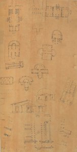 Oldal egy Scrapbookból, amely rajzokat és számos építészeti nyomatot tartalmaz, Int..., kb. 1800-1850. Alkotók: Charles Percier műhelye, Pierre François Léonard Fontaine műhelye.