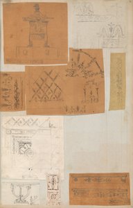 Oldal egy Scrapbookból, amely rajzokat és számos építészeti nyomatot tartalmaz, Int..., kb. 1800-1850. Alkotók: Charles Percier műhelye, Pierre François Léonard Fontaine műhelye.