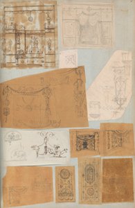 Oldal egy Scrapbookból, amely rajzokat és számos építészeti nyomatot tartalmaz, Int..., kb. 1800-1850. Alkotók: Charles Percier műhelye, Pierre François Léonard Fontaine műhelye.