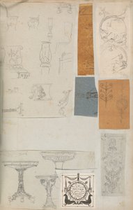 Oldal egy Scrapbookból, amely rajzokat és számos építészeti nyomatot tartalmaz, Int..., kb. 1800-1850. Alkotók: Charles Percier műhelye, Pierre François Léonard Fontaine műhelye.