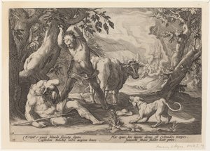 Táj Merkúr felemeli a kardját, hogy megöljön egy alvó Arguszt alkotó: Workshop of Hendrick Goltzius, after Hendrick Goltzius