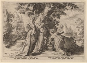 Cecrops lányai kinyitják a Minerva által rájuk bízott koporsót alkotó: Workshop of Hendrick Goltzius, after Hendrick Goltzius