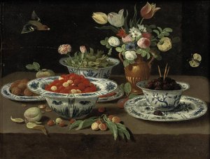 Vadszamóca egy kínai "kraak" porcelán tálban, szeder egy másik tálban, tányéron állva, különböző virágok egy bronz vázában, szilva egy másik tálban és dió egy tányéron, egy barack, egy szál cseresznye és más gyümölcsök, mindez egy kövön. alkotó: Workshop of Jan van Kessel the Elder