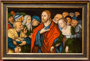 Német: Christus und die Ehebrecherin Krisztus és a házasságtörő nő alkotó: workshop of Lucas Cranach the Elder