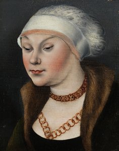 Német: Kopf einer Dame mit weißer Haube (Omphale) Egy fehér kalapos asszony feje alkotó: workshop of Lucas Cranach the Elder
