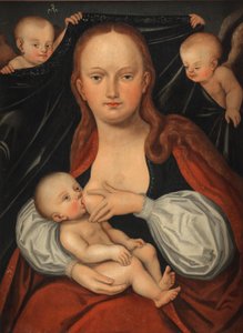 A Madonna és a Gyermek két angyal által tartott függöny előtt. alkotó: workshop of Lucas Cranach the Elder
