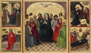 Nyitva a Szentlélek Retable. Pünkösd, Angyali üdvözlet, Születés, Krisztus feltámadása és a Szűzanya halála, c. 1448 alkotó: Workshop of the Wolfgang Retable