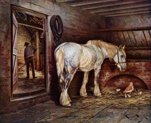 A nap végén: ló az istállóban, ahogy az ember kimarad (színes litho)