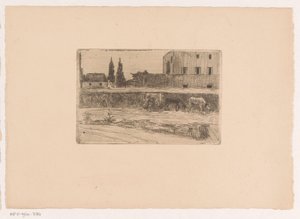 Táj épületekkel és egy dolgozó alakkal alkotó: Xavier Mellery (attributed to)
