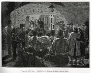 Pince a Polichinelles, bábelőadások számára kialakított pince. X.Mellery metszete Belgium történetének illusztrálására, Camille Lemonnier, megjelent a Tour du monde-ban, szerkesztette Edouard Charton (1807-1890) alkotó: Xavier Mellery