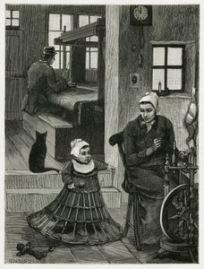 Lakásbelső és takácsműhely, a szövővel és a kerékkel, valamint egy fonott szoknyát viselő gyerekkel, amely segíti az első lépéseit. X.Mellery metszete a „La Belgique” történet illusztrálására, Camille Lemonnier (1844-19)