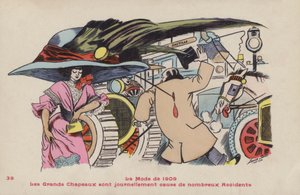 Képeslap, amely a nagy kalapok és a kapcsolódó kalaptűk veszélyeit szatírozza – 1909 divatja alkotó: Xavier Sager