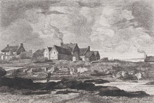 Vidéki táj jobbról folyó folyóval, háttérben házakkal, 1845-75. alkotó: Xavier de Dananche