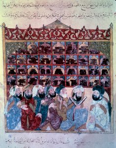 A vándor navigátor, Abu-Zayd (Abu Zayd, Abu Zayd), aki beszédet tart a basrai miniatűr könyvtárban Abu Mohammed al-Kasim ibn Ali Hariri (vagy Al-Hariri vagy Al Hariri) „Maqamat” (Szeánszok) című művéből (1054- 1122), amelyet Yahya Mahmud al-Wasiti (al Wasi alkotó: Yahya ibn Mahmud Al-Wasiti