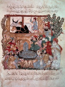 A vándor navigátor Abu-Zayd (Abu Zayd, Abu Zayd) Miniatűr hallgatói előtt Abu Mohammed al-Kasim ibn Ali Hariri (vagy Al-Hariri vagy Al Hariri) „Maqamat” (Szeánszok) című művéből (1054-1122) Yahya Mahmud al-Wasiti (al-Wasiti) világította meg 1237-ben, alkotó: Yahya ibn Mahmud Al-Wasiti