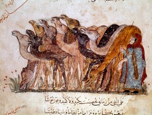 Egy csoport teve és teve, karaván a sivatagban. A „Maqamat” (Szeances) oldala, Abu Mohammed al-Kasim ibn Ali Hariri (vagy Al-Hariri vagy Al Hariri) (1054-1122) arab költő 11. századi pikareszk verse, Al-Wasiti (al) illusztrálásával -Wasiti) alkotó: Yahya ibn Mahmud Al-Wasiti