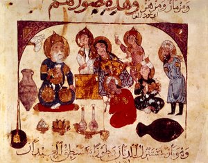 Abou-Zayd a Hanah kocsmában, miniatűr a "Maqamat"-ból (mondák), ms. 3929, fol. 34v alkotó: Yahya ibn Mahmud Al-Wasiti