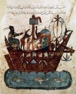 Ms Ar 5847 f.119v, Abu Zayd és Al-Harith Bászrából Ománba hajózik, miniatűr al-Hariri Maqamatból (The Meetings), 1240 körül (guache papíron)